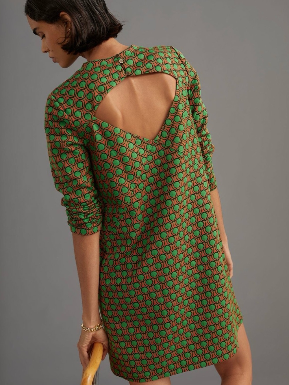 Maeve/Anthropologie Green & Terracotta Knit Open-back Shift Dress XSP